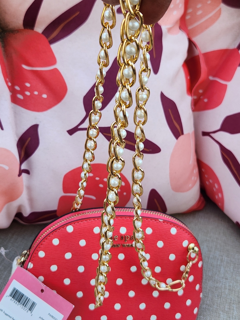 Kate Spade Coral & White Polka Dot Cosmetic Bag Upcycled Crossbody w. Chain NWT - Picture 6 of 16